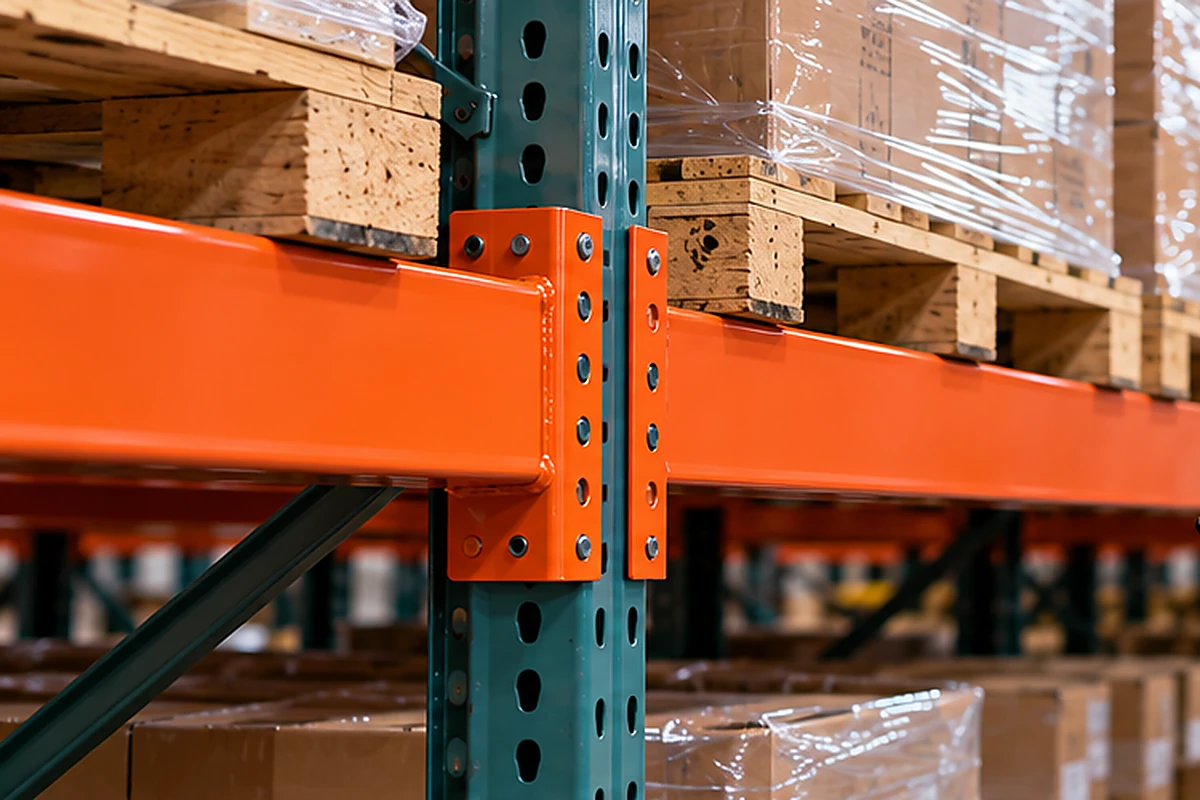 Orange pallet rack beam connected to a green upright frame supporting loaded pallets