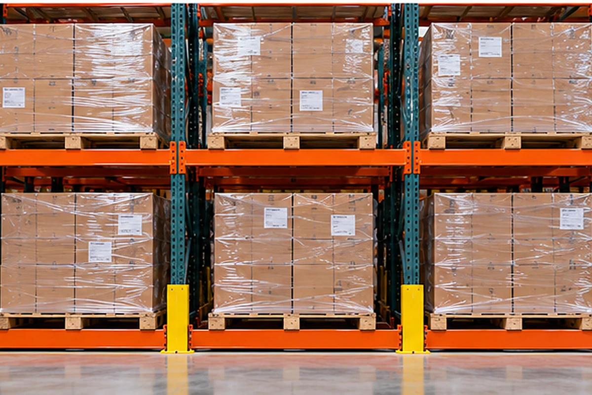 Evenly positioned pallet loads distributed across multiple warehouse rack bays