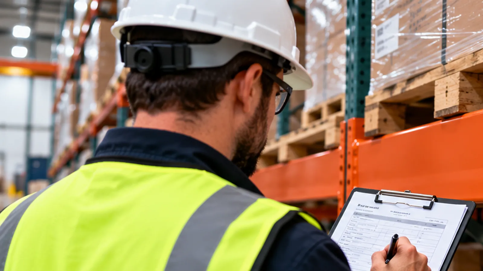 Warehouse worker calculating pallet rack load capacity using a load chart