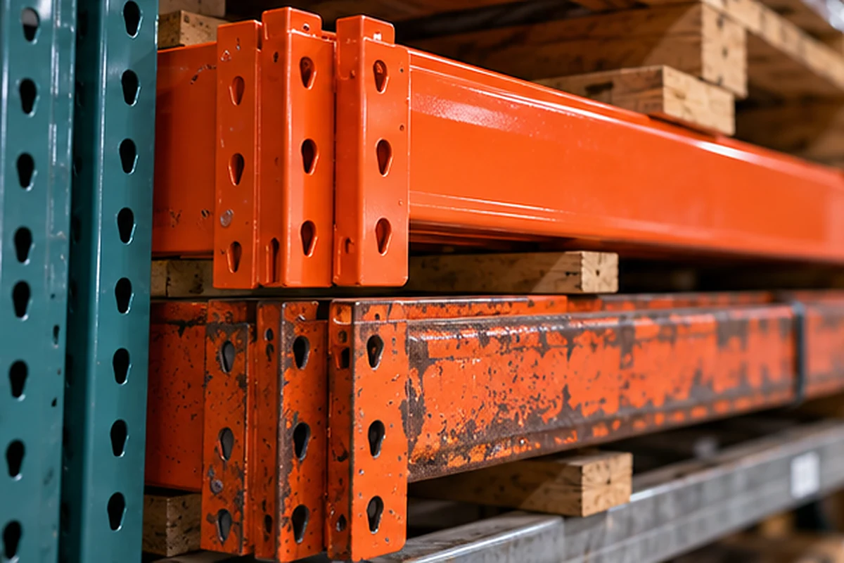 Used pallet rack beams in different conditions showing clean and visibly worn steel components
