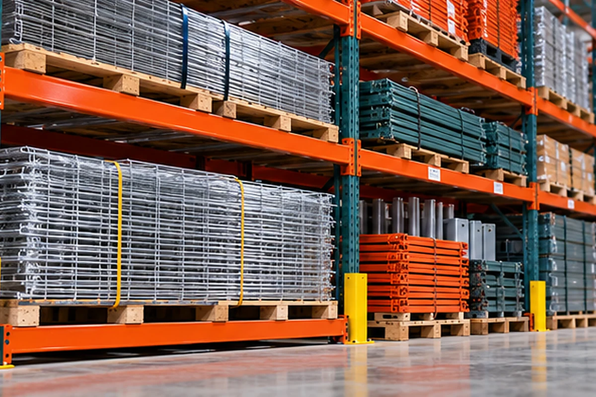 Bundled used pallet rack frames, beams, and wire decking stored in a warehouse