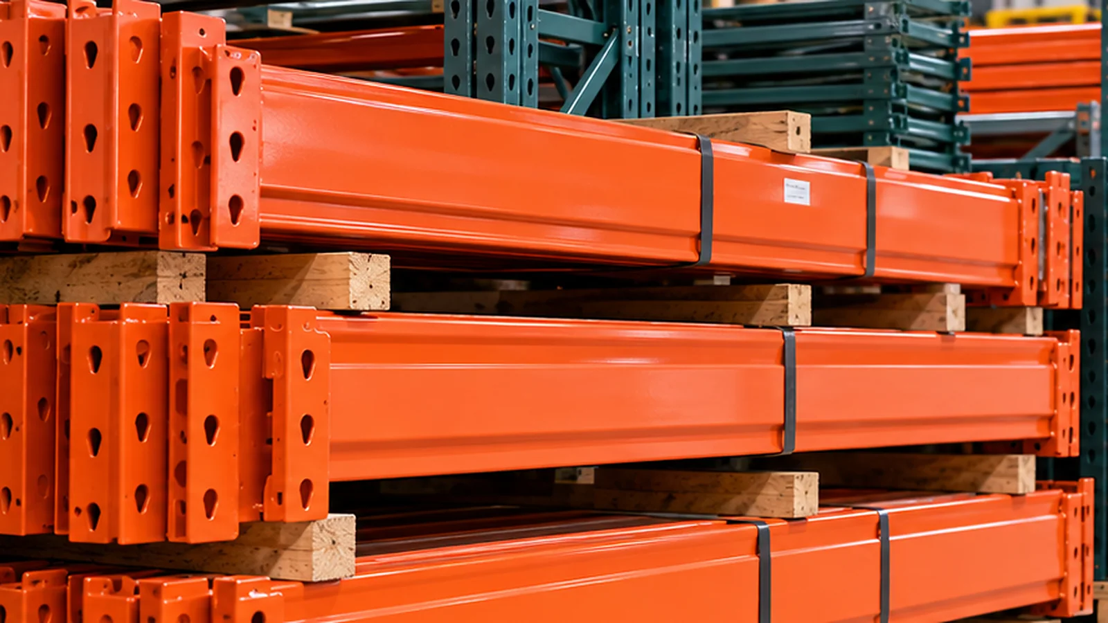 Used pallet racking components priced and ready for sale in a warehouse