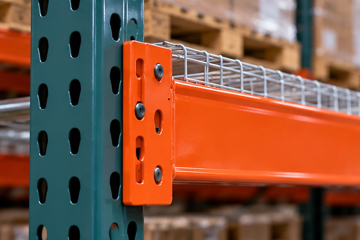 Orange pallet rack beam connected to a green upright with wire decking in a warehouse