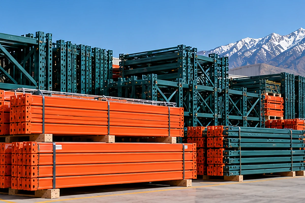 Bundled used pallet rack beams and upright frames stored near Salt Lake City, Utah