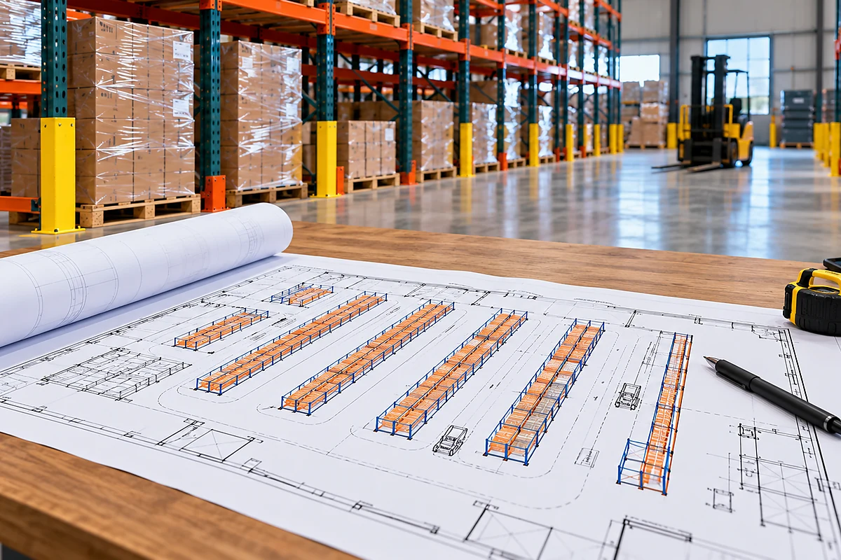 Warehouse pallet racking layout blueprint on a planning table in an active warehouse