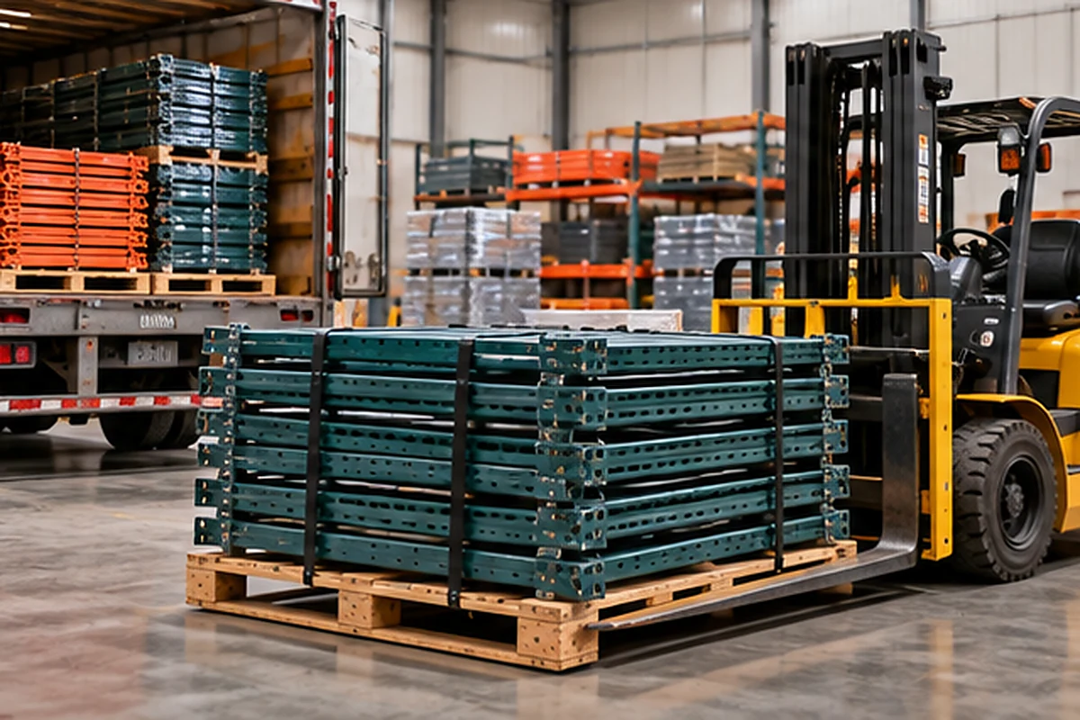 Pallet racking inventory staged for local warehouse delivery with a forklift and truck