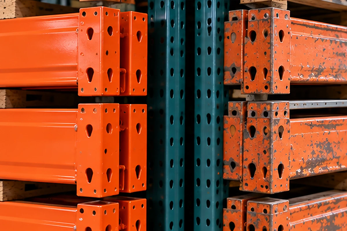 New pallet rack beams beside structurally sound used beams with visible cosmetic wear