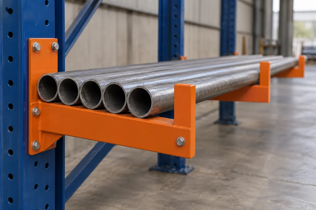 Round steel pipes resting on cantilever arms with upright retaining stops at the outer ends