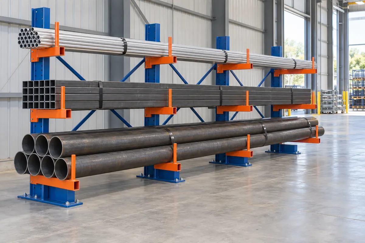 Cantilever rack with large steel pipe on lower arms, square tubing in the middle, and smaller tubing above
