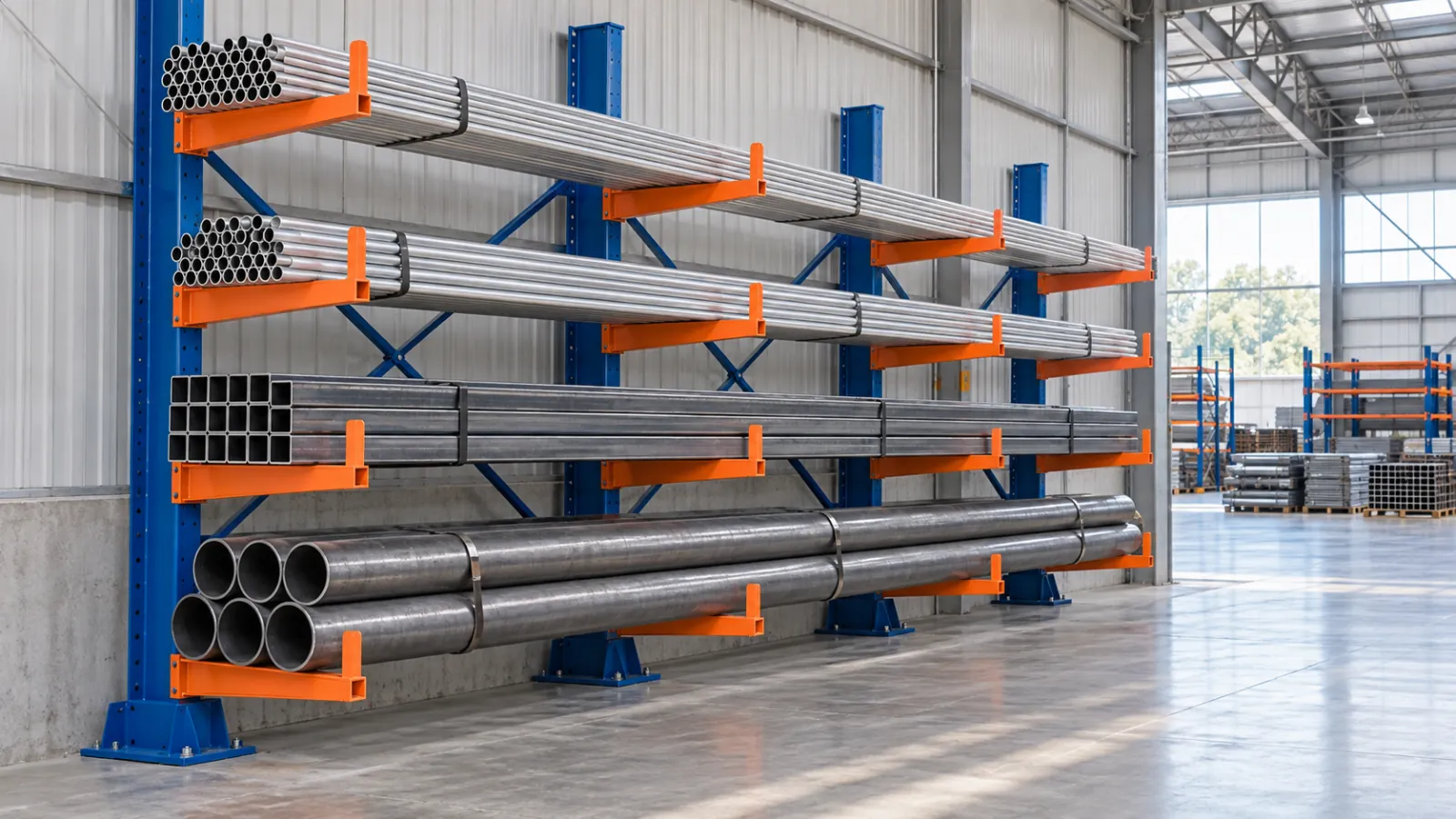 Round pipe and square tubing organized on a cantilever rack with open-front access