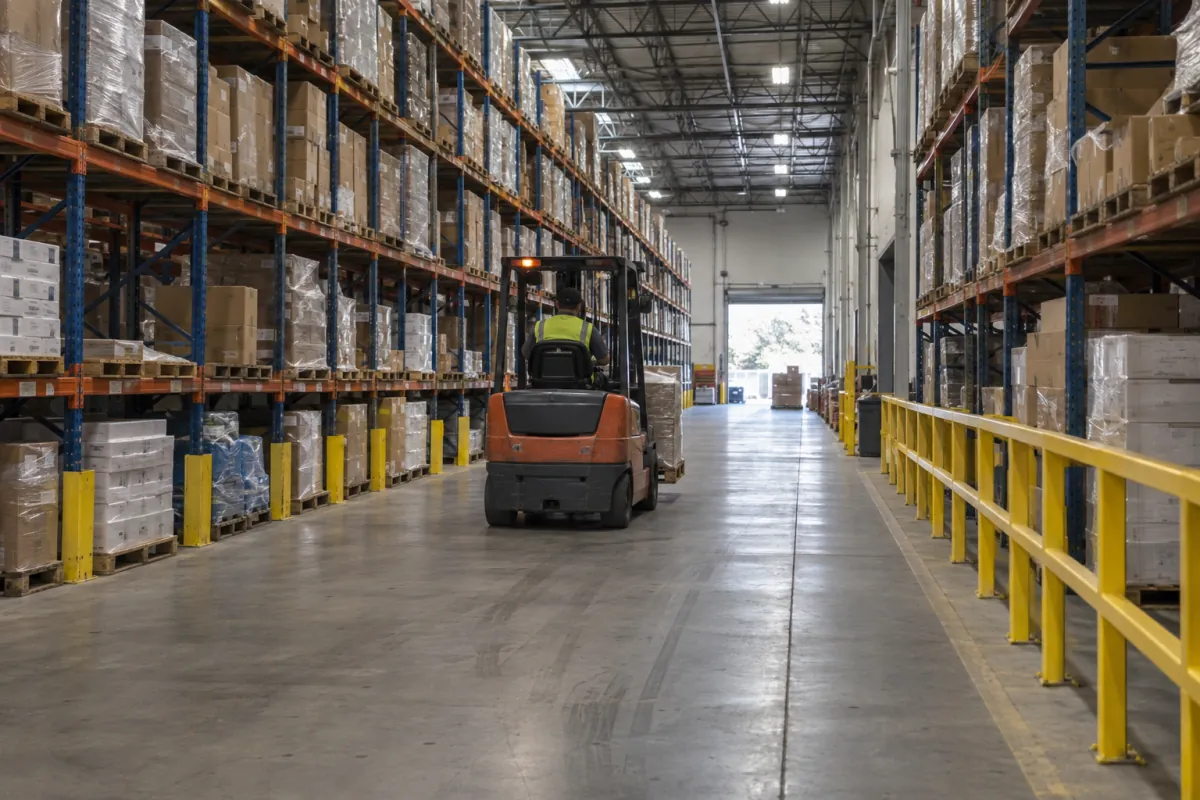 Forklift traveling through a clear aisle between pallet rack rows beside a yellow guardrail