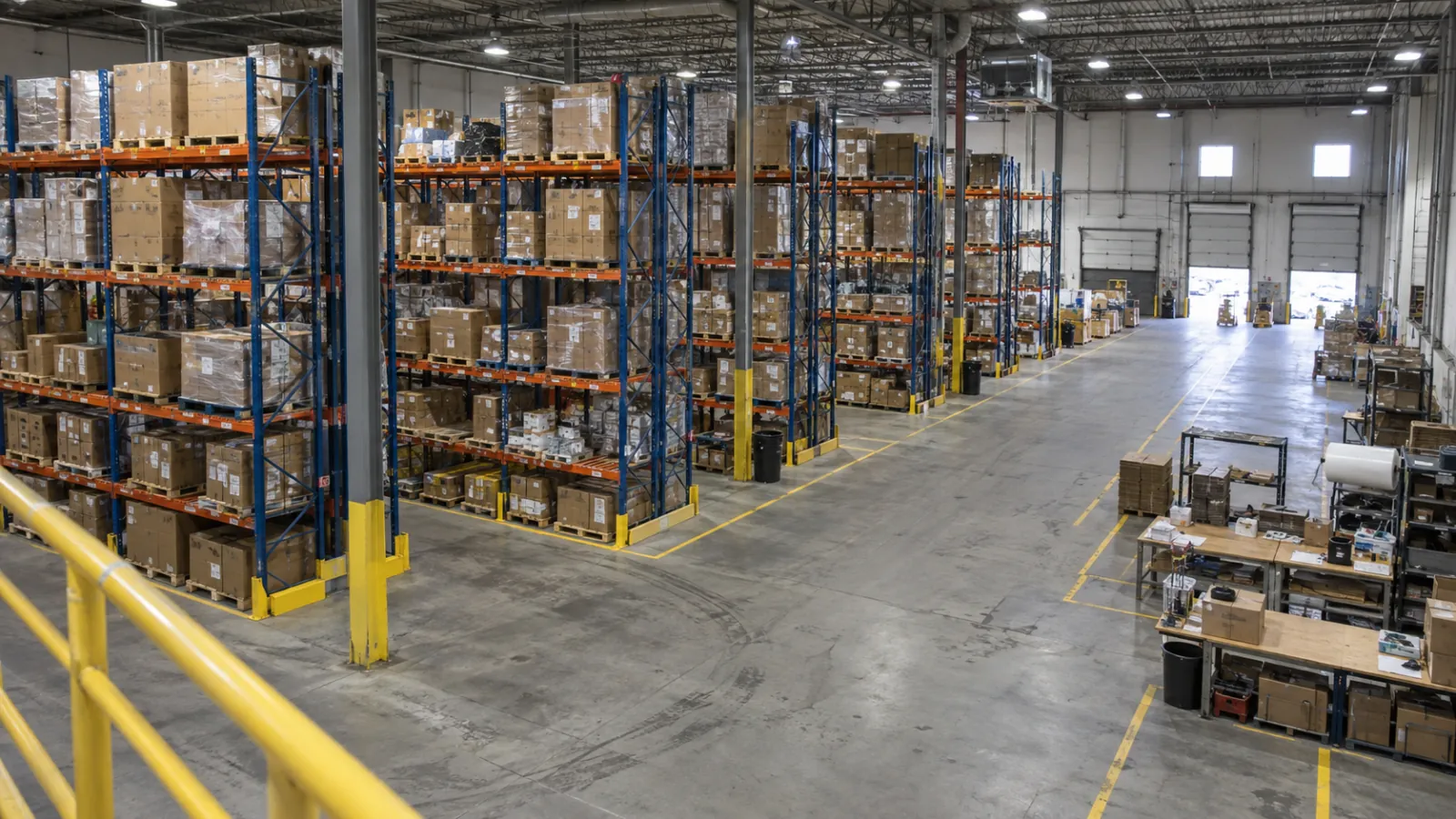 Warehouse layout with pallet racking rows, clear cross aisles, packing stations, and loading doors