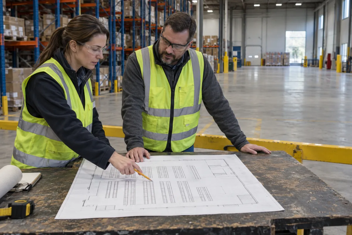 Two warehouse professionals reviewing a floor plan beside racking and an open floor area