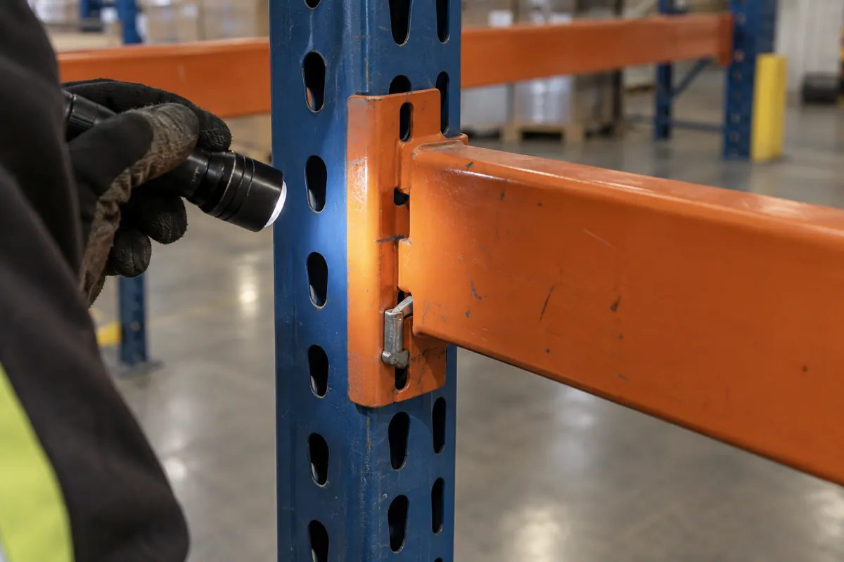 Flashlight illuminating a pallet rack beam connection and metal safety clip