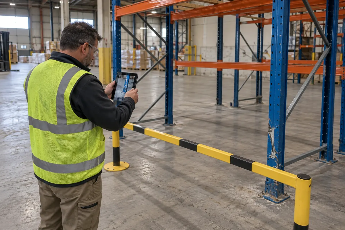 Inspector documenting damage to an unloaded rack upright from outside a safety barrier