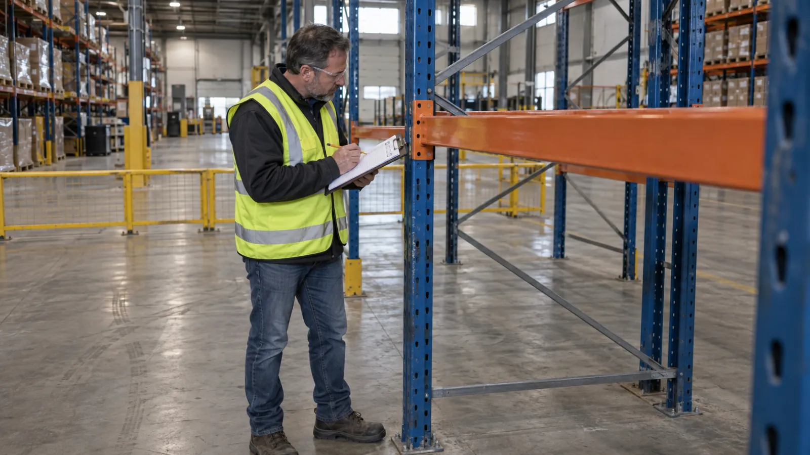 Warehouse supervisor checking pallet racking and recording findings on a clipboard