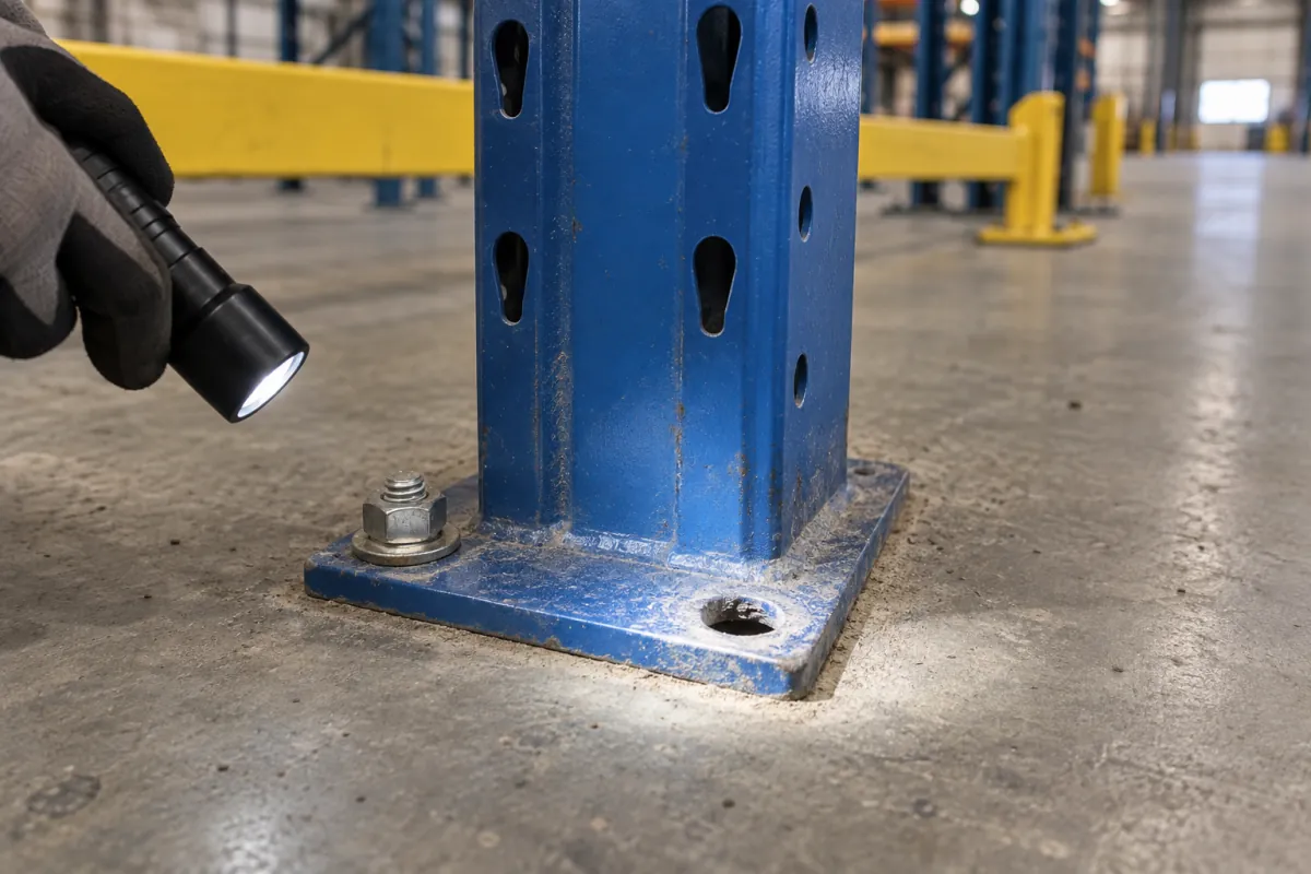 Flashlight illuminating an empty anchor hole in a pallet rack baseplate