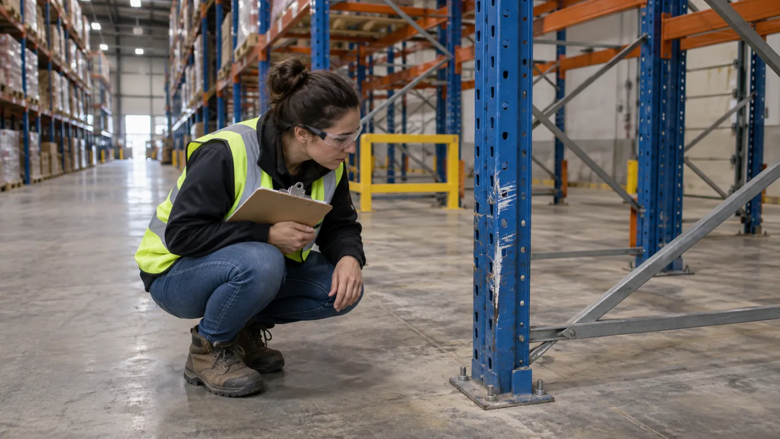 Warehouse inspector examining impact marks on a pallet rack upright beside an empty bay