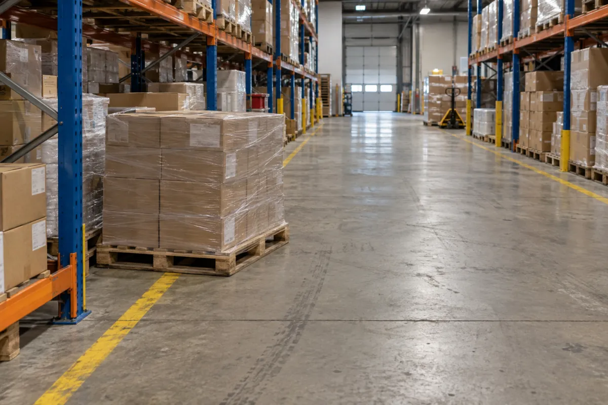 Pallet of wrapped cartons extending across a yellow aisle boundary into a warehouse travel lane