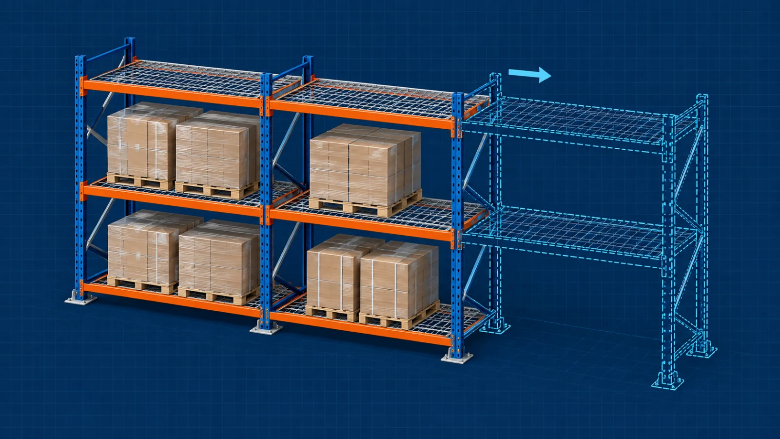 Blueprint showing a modular pallet storage rack system planned for future expansion