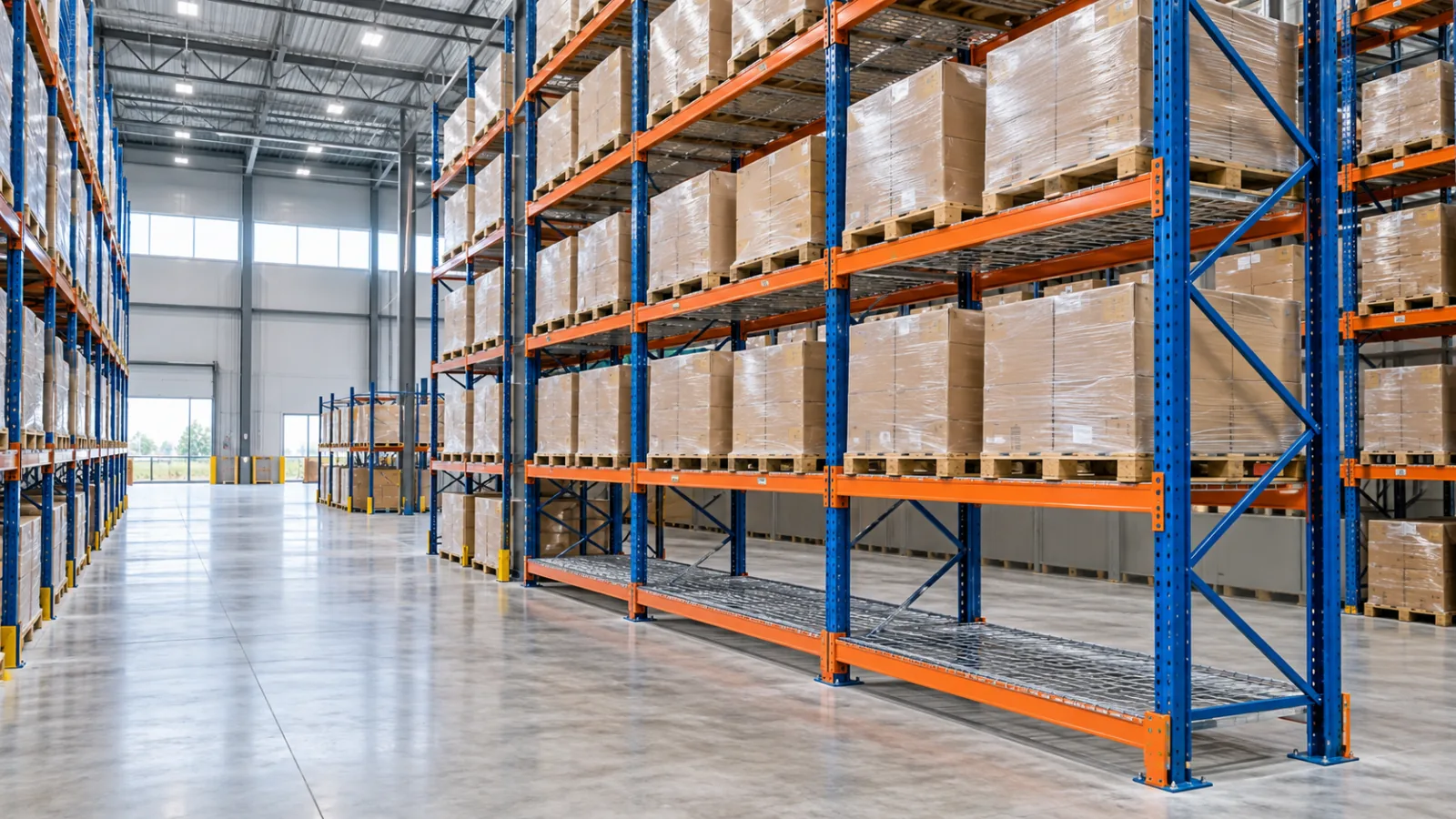 Organized pallet storage racking system maximizing vertical space in a warehouse
