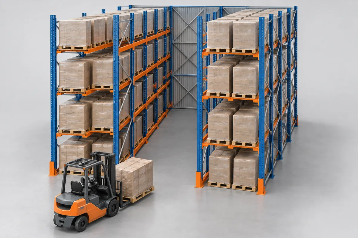 Illustration of drive-in pallet racking with front access and a closed rear