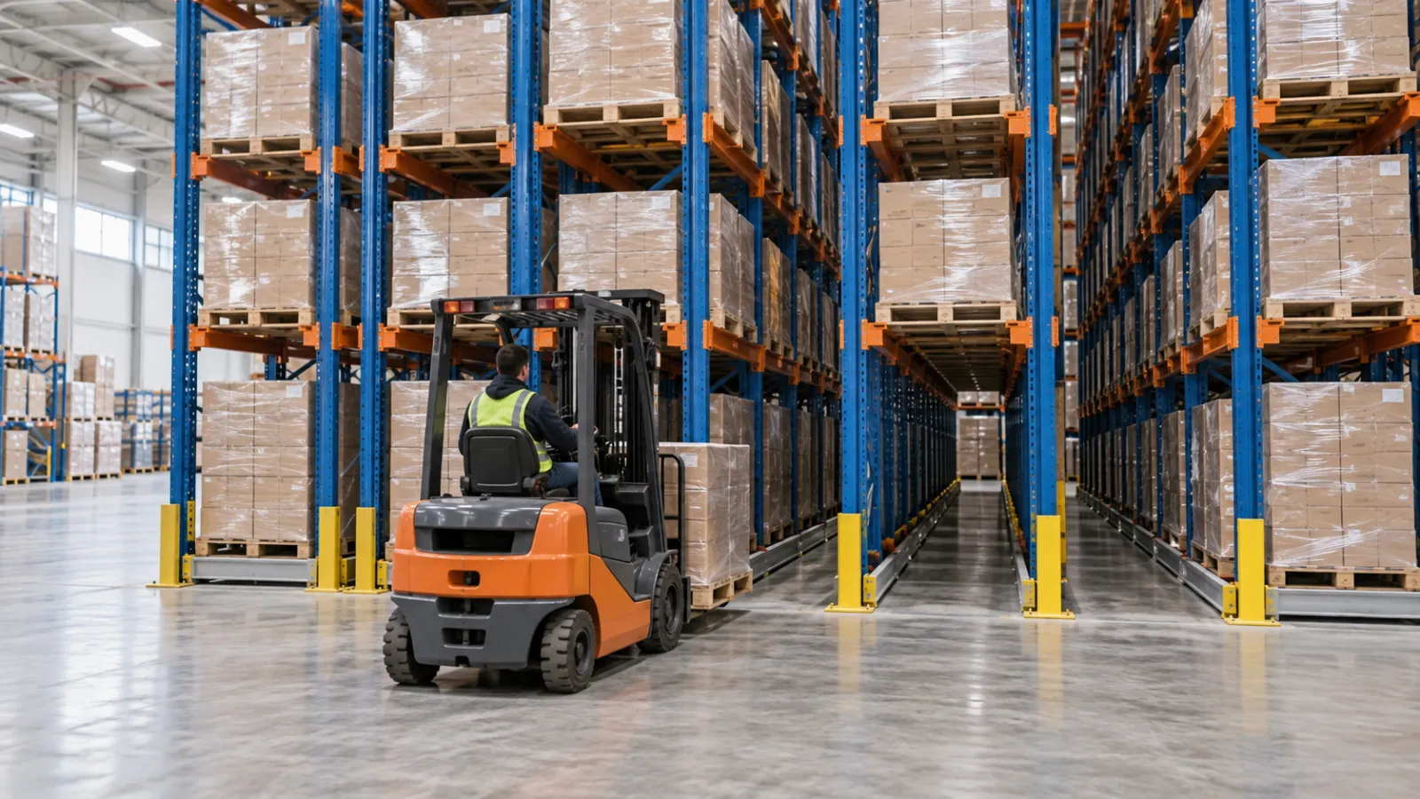 Forklift carrying a pallet toward high-density pallet racking in a warehouse