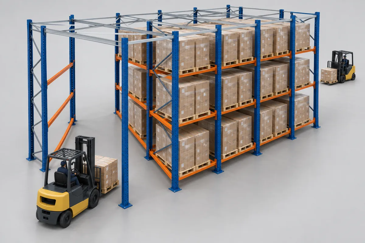 Illustration of drive-through pallet racking with forklifts at opposite ends