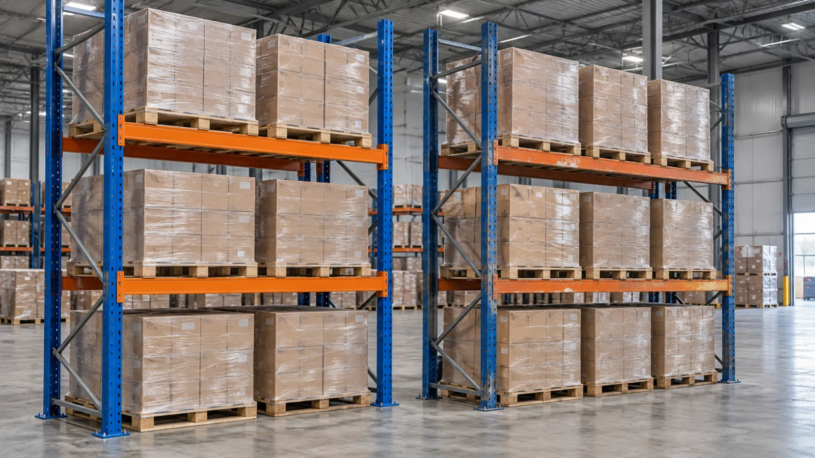 New and used pallet shelving side by side, with fresh paint on the left and surface wear on the right