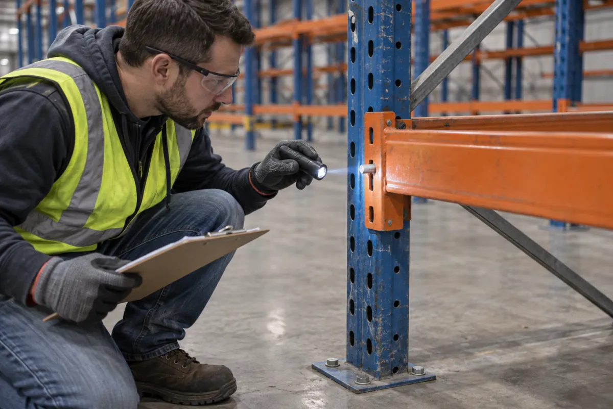 Technician using a flashlight to inspect a beam connection on used pallet shelving