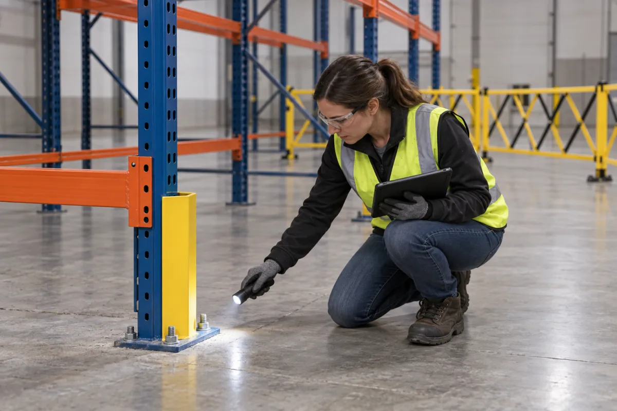 Technician inspecting pallet rack baseplate and anchor bolts with a flashlight