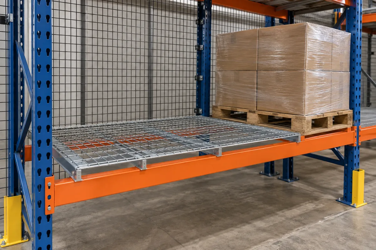 Wire decking and rear mesh safety backing on pallet racking holding a wrapped pallet