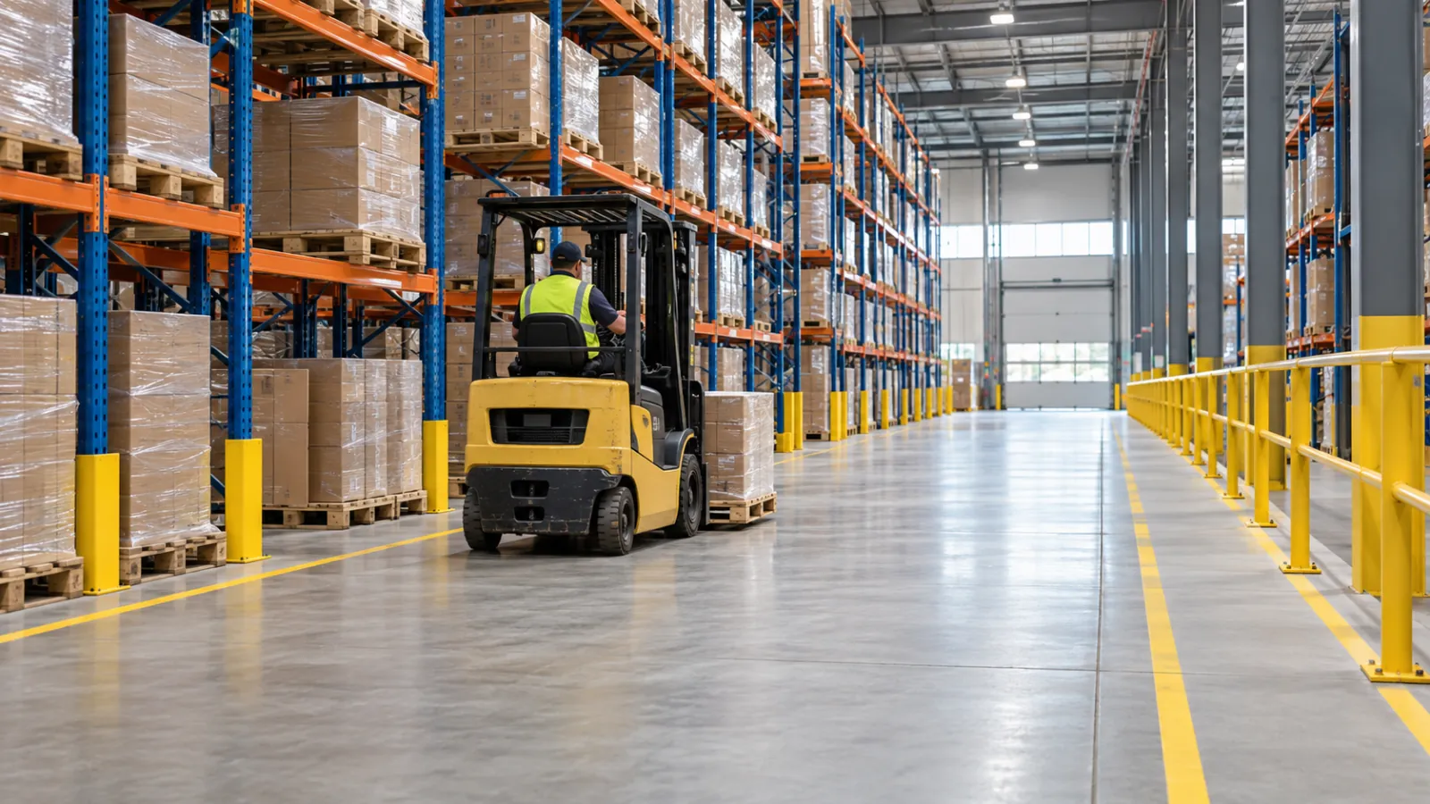 Forklift in a clear warehouse aisle beside organized pallet racking and a guardrail-separated walkway