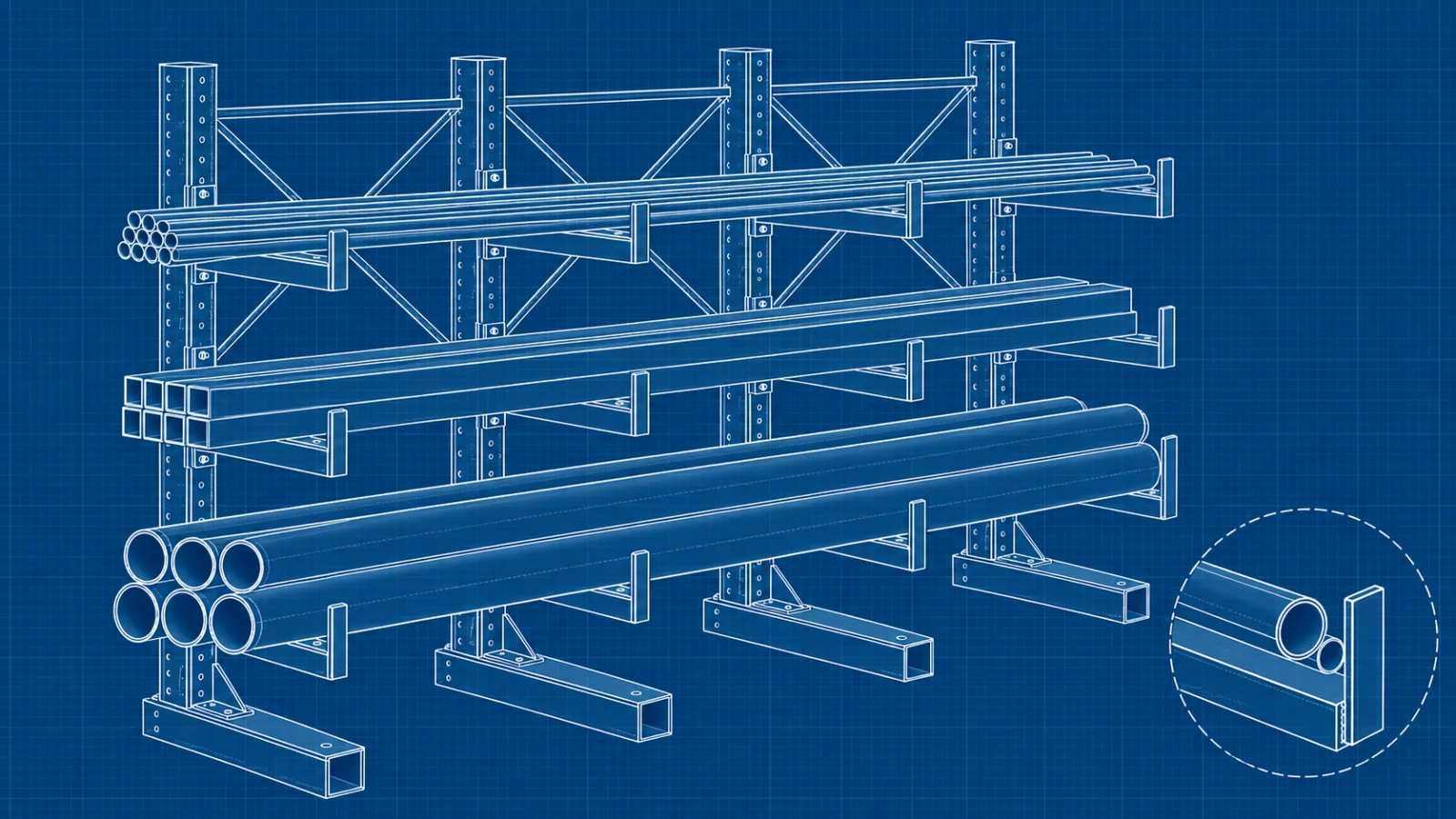 Blueprint layout for pipe and tubing storage on cantilever racking