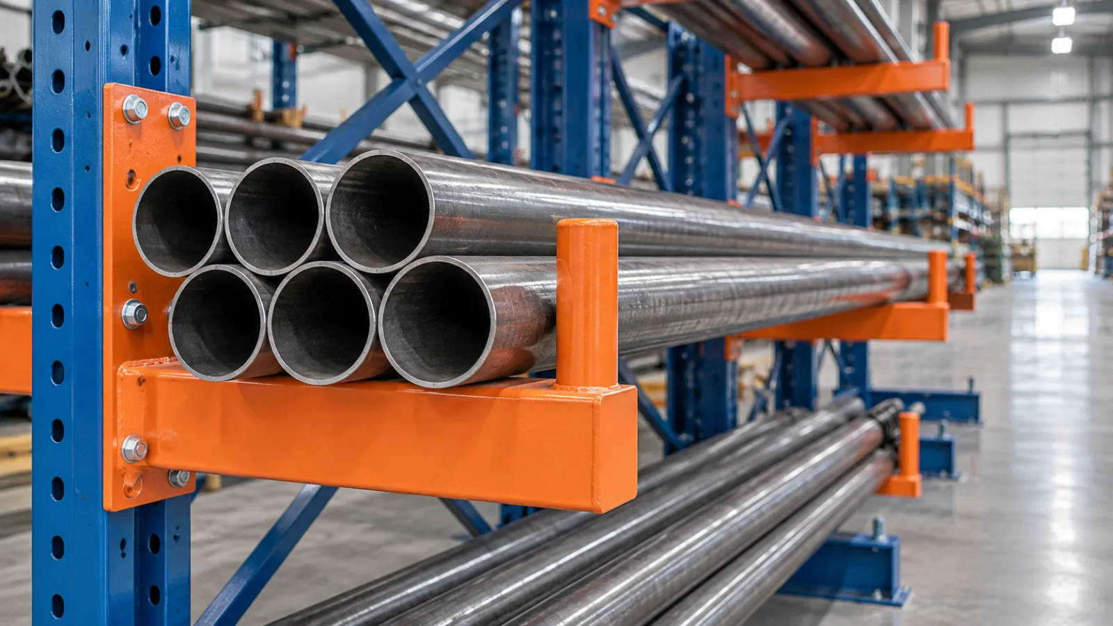 Detail of a pipe stop on a cantilever rack arm