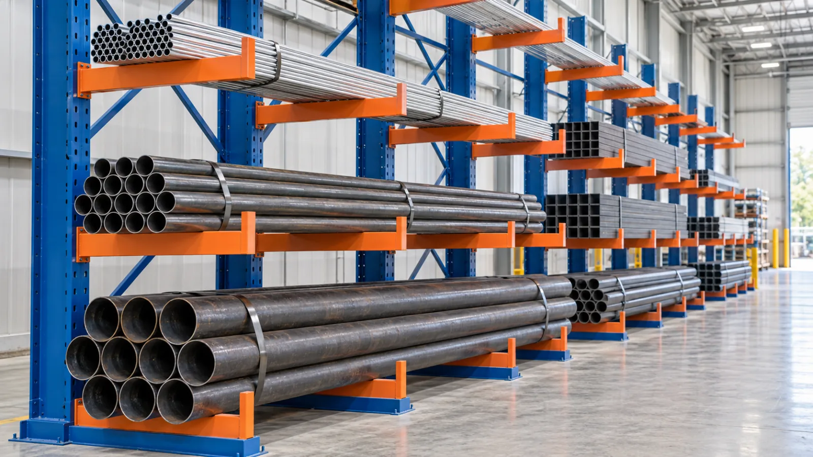 Pipe and tubing storage on a cantilever racking system in a warehouse