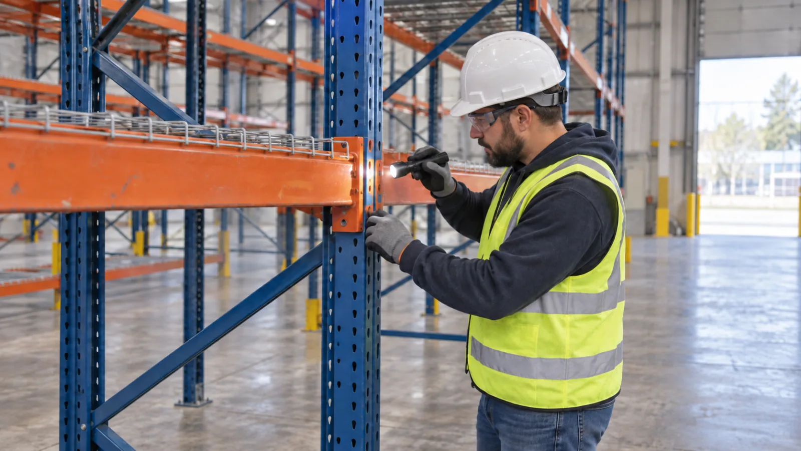 Inspector examining used pallet racking for safety before installation