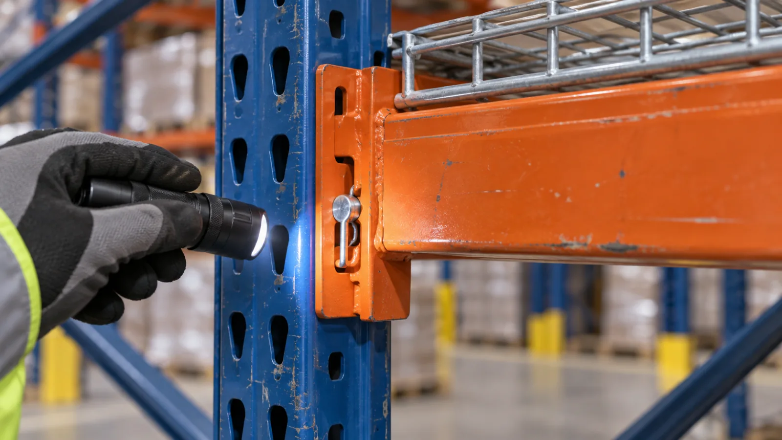Close-up inspection of a used pallet rack beam connection and safety pin