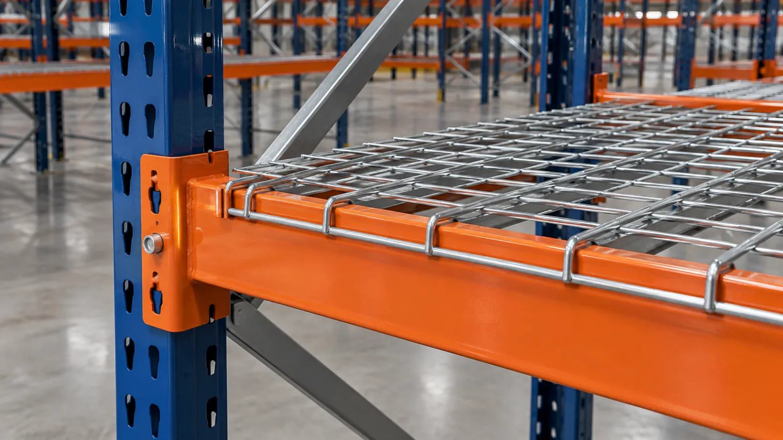 Pallet racking components including uprights, beams, and wire decking