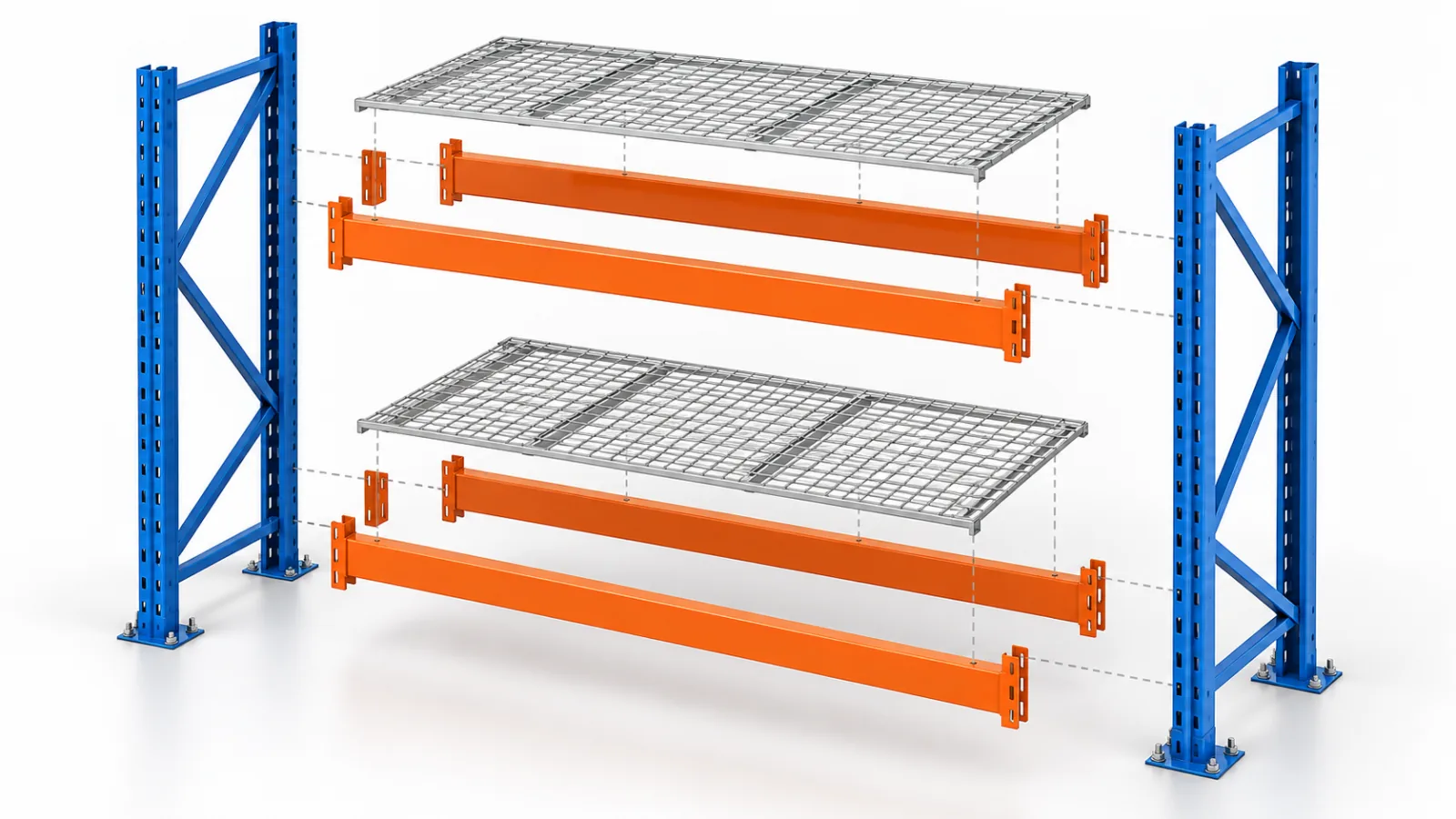Exploded view of pallet racking components showing how frames, beams, and decking fit together