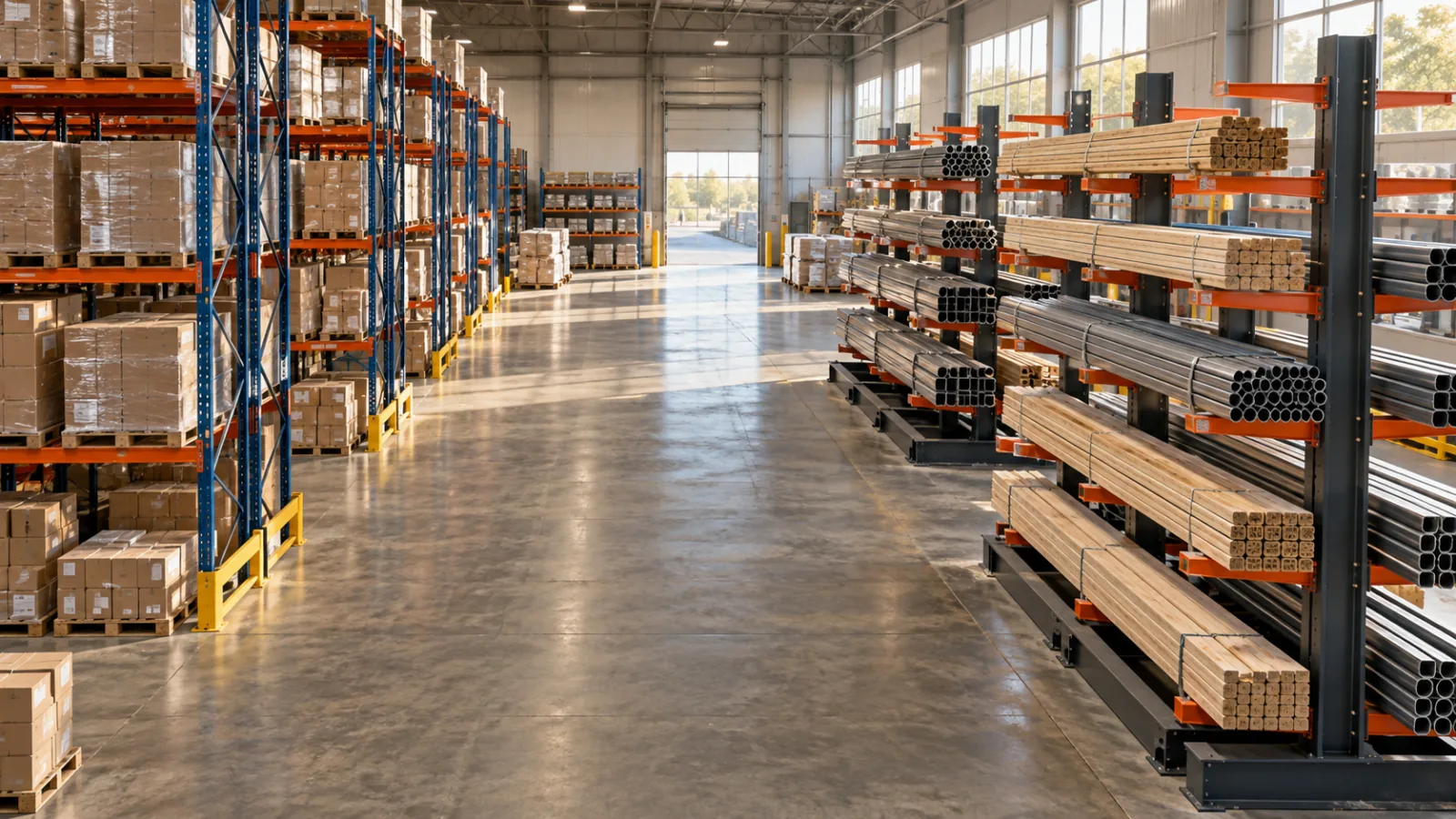 Selective and cantilever pallet racking types used in warehouses