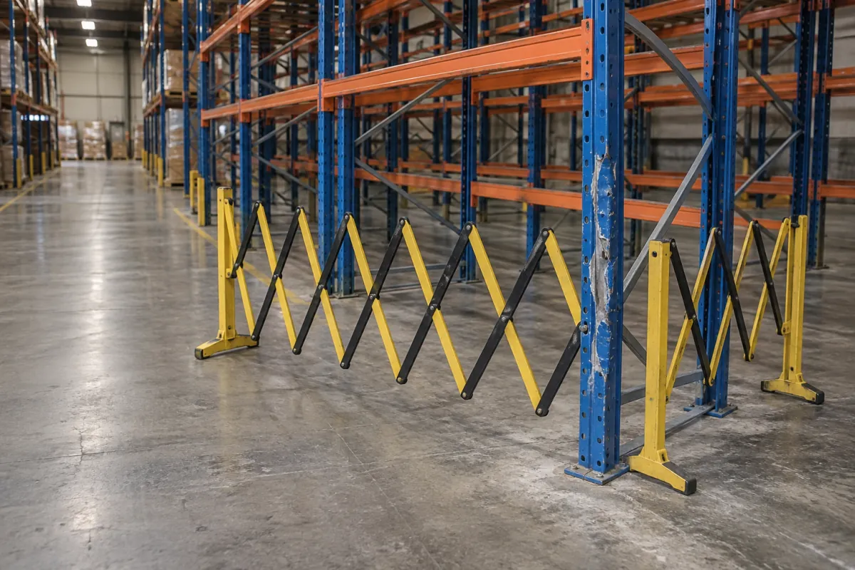 Yellow safety barriers isolating an empty pallet rack bay with a damaged upright