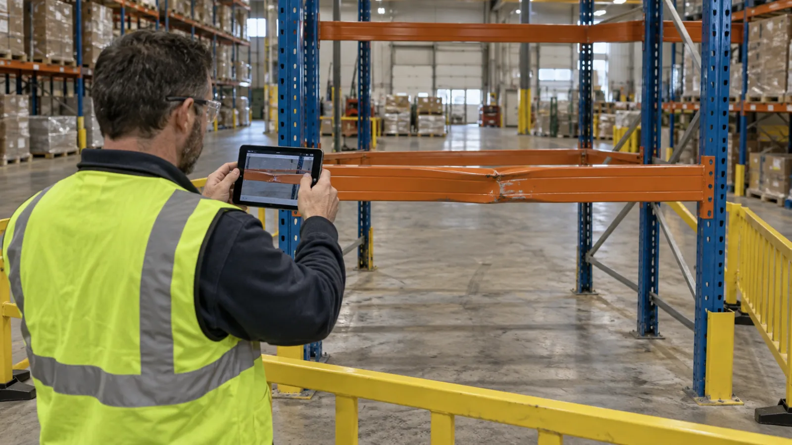 Warehouse worker photographing a bent pallet rack beam in an unloaded bay behind a safety barrier