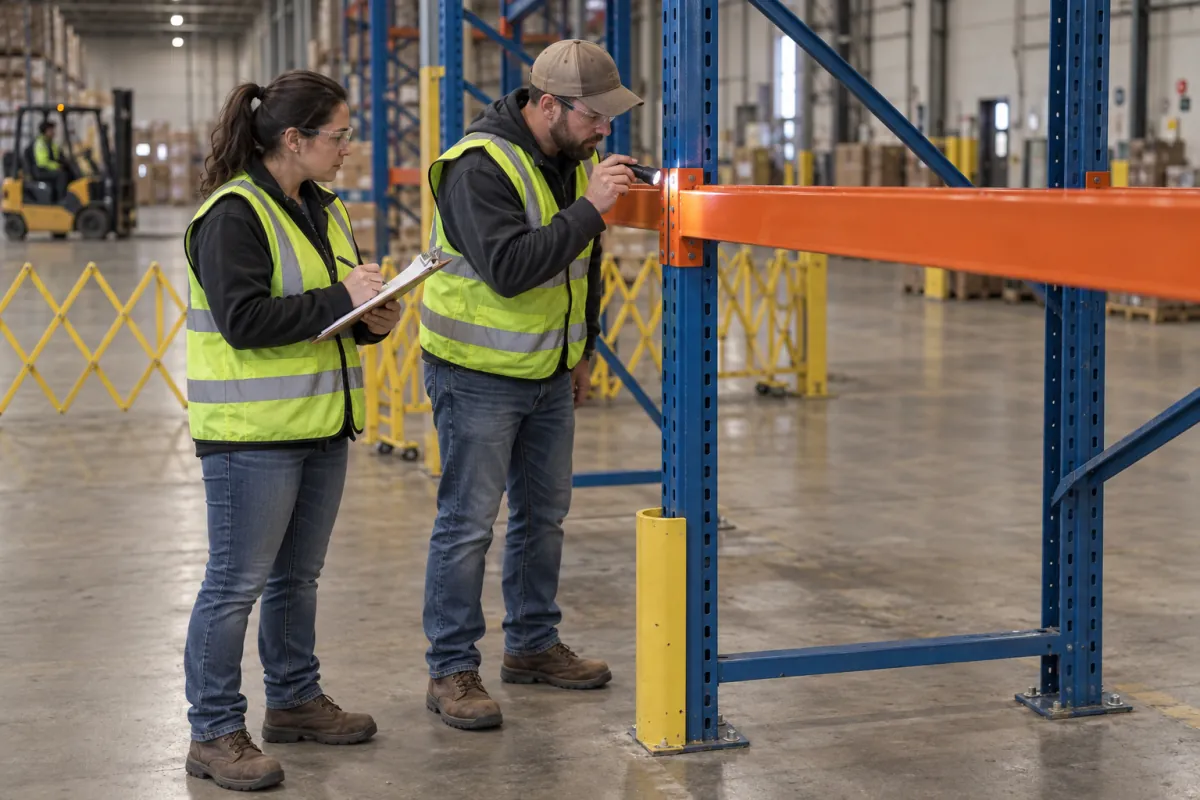 Two warehouse professionals checking a pallet rack beam connection and recording inspection findings