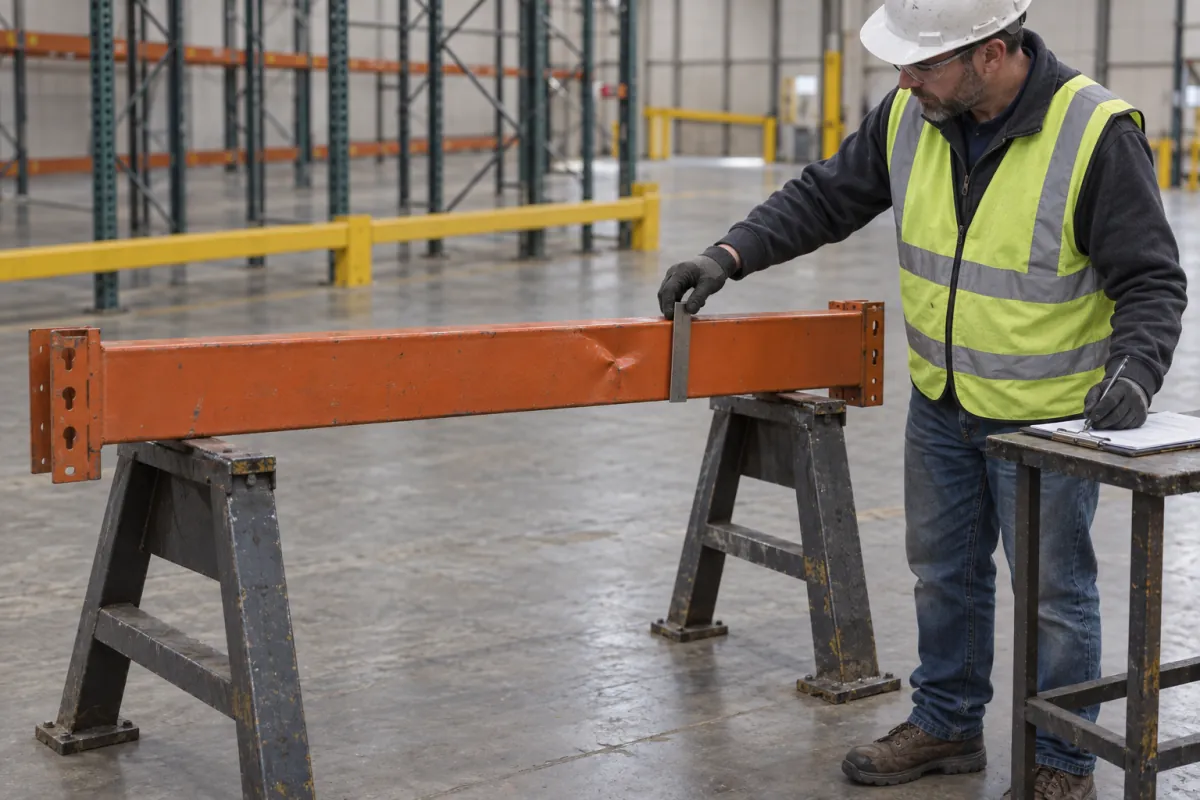 Professional assessing a dented pallet rack beam removed from service and resting on support stands
