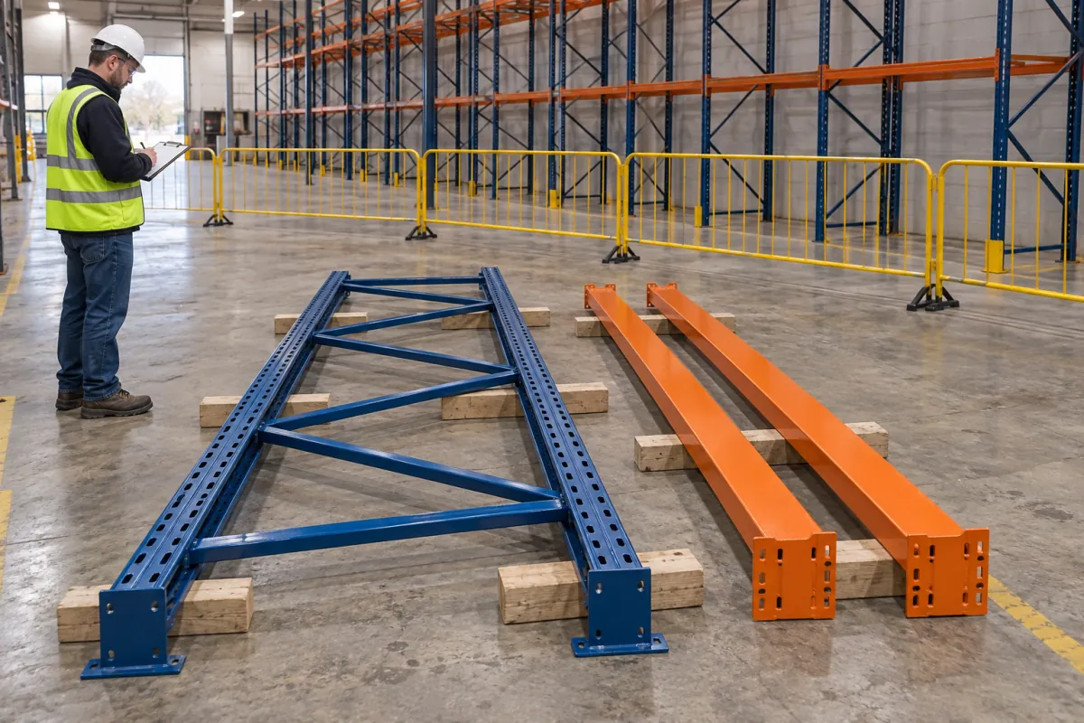 New pallet rack upright frame and orange beams staged on timber supports for installation