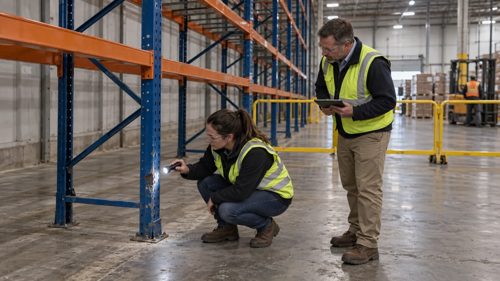 Racking specialist and warehouse manager examining damage to an unloaded pallet rack upright
