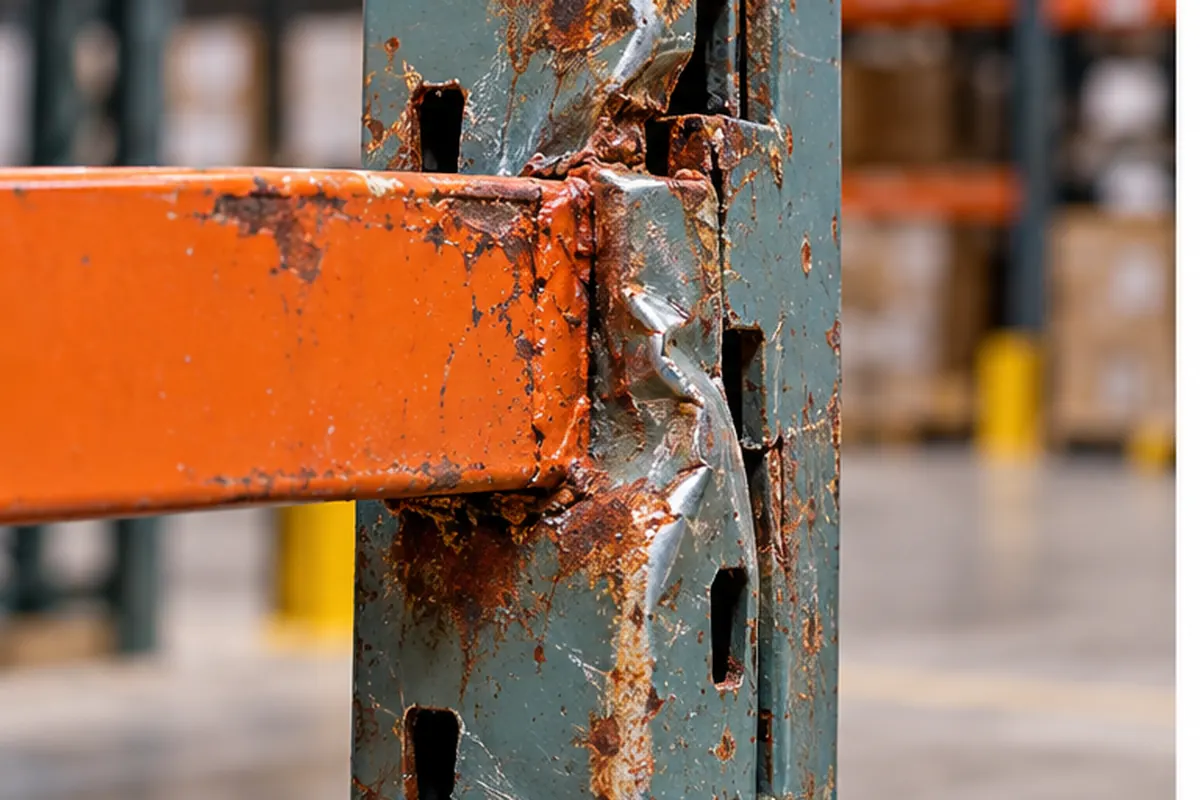 Close-up of a rusted, dented pallet rack upright where an orange beam connects