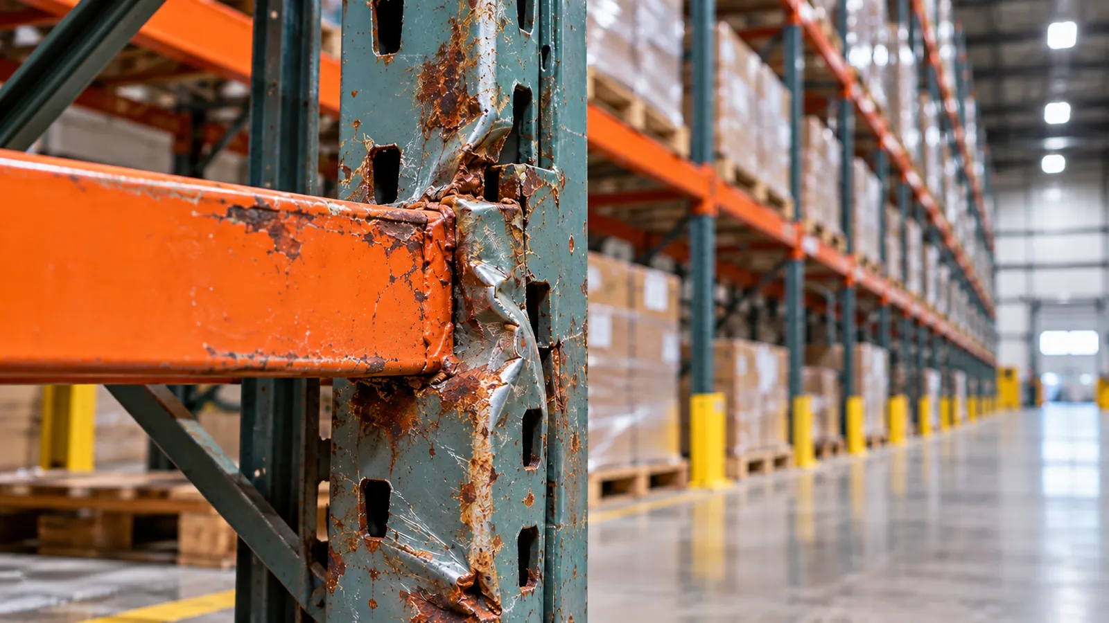 Rusted, dented pallet rack upright and orange beam in the foreground of a warehouse aisle lined with racking