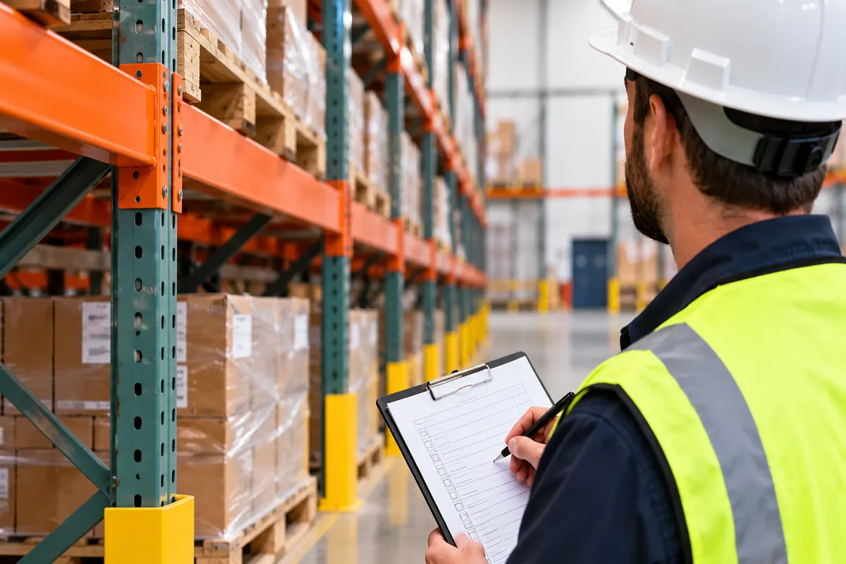 Warehouse inspector in a hard hat and safety vest recording findings on a clipboard beside pallet racking